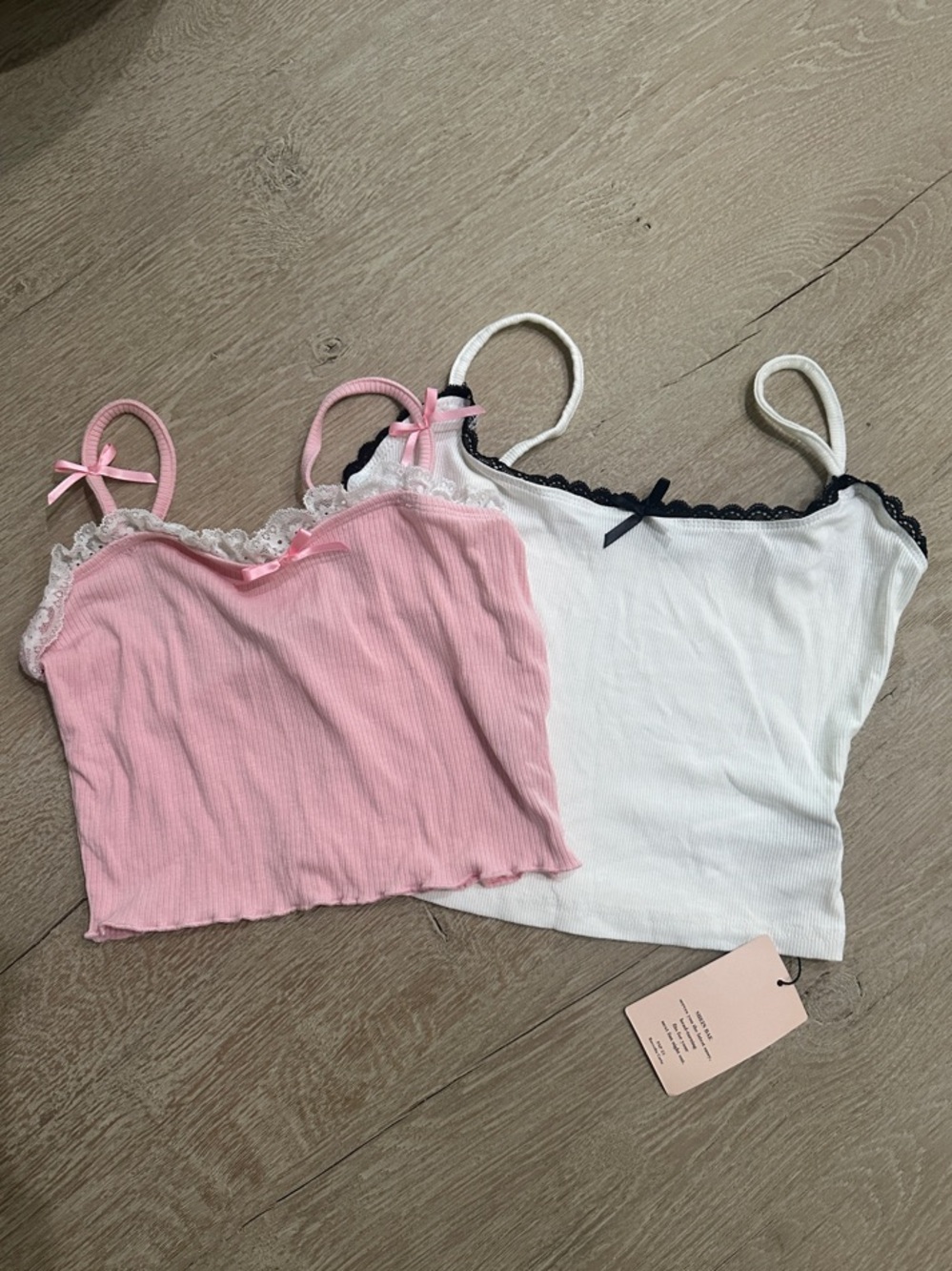 SHEIN Pink and White Ribbed Lace-Trim Cami Set
